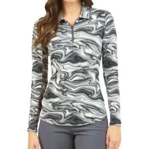 IBKUL Devin Black Long Sleeve Polo Golf Shirt Marble UPF 50 Activewear Sz Medium
